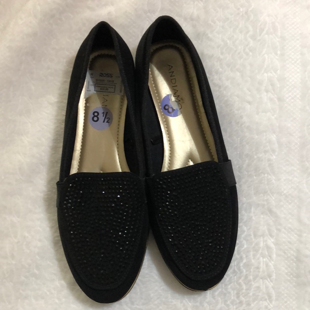 Andiamo Sparkly Black Holiday Flats Women’s 8.5 gold detail